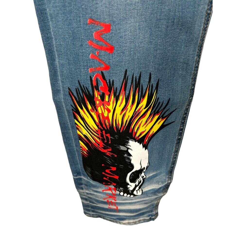 Mackeen Jeans Mens Size 40 Nite Market Button Fly Denim Skulls‎ Flames Mohawk - Picture 4 of 16